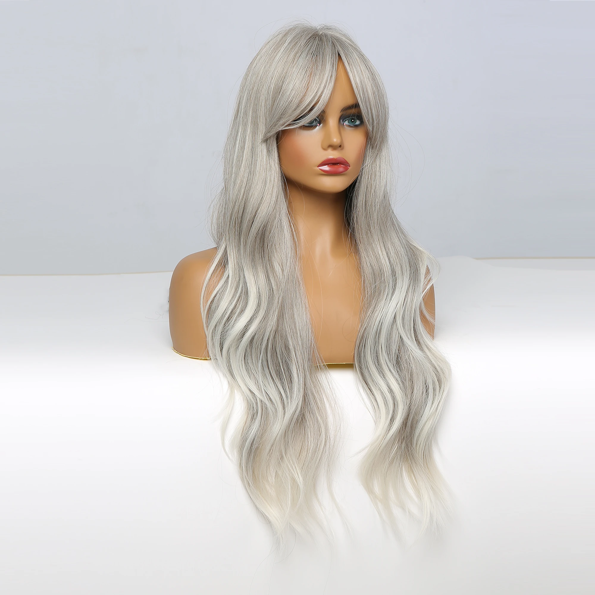 Парики из натуральных волнистых волос Блонд единорог с боковой челкой