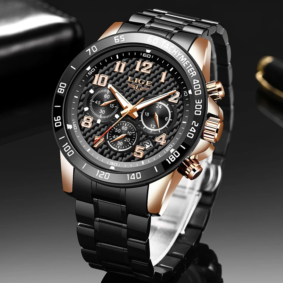 LIGE 2020 новые модные черные мужские часы лучший бренд роскошные спортивный