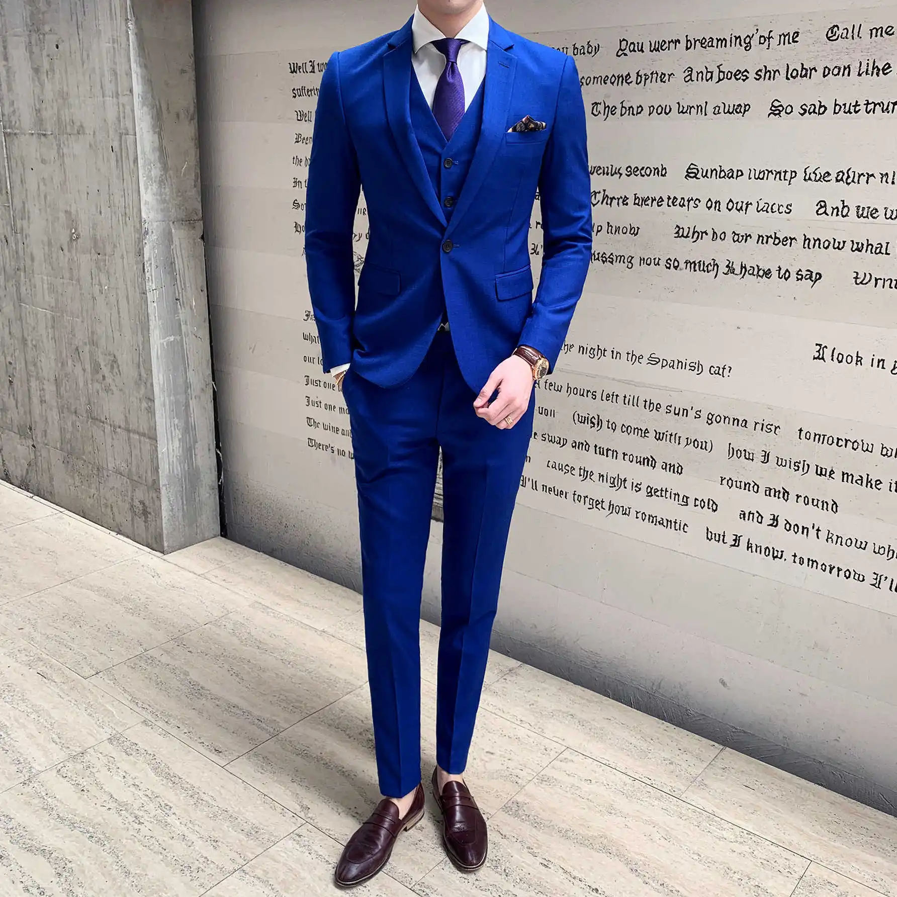 

blades, Real blue tight party and office suits with one button, three pieces, men's coats,