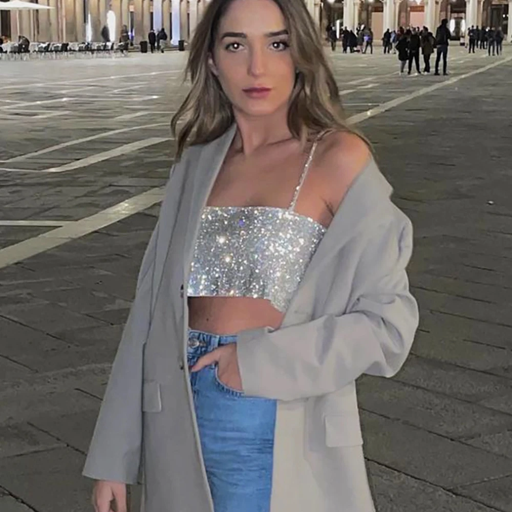

Womens Summer Sequined Sparkle Crop Top Women Sleeveless Party Spaghetti Strap Backless Sexy Tank Tops Club Fashion