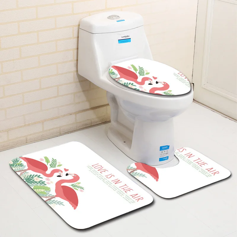 

European and American Style Animal Floor Mats Toilet Mat Non-slip Floor Mats Cute Pink Flamingo Three-piece Door Mat Bathroom