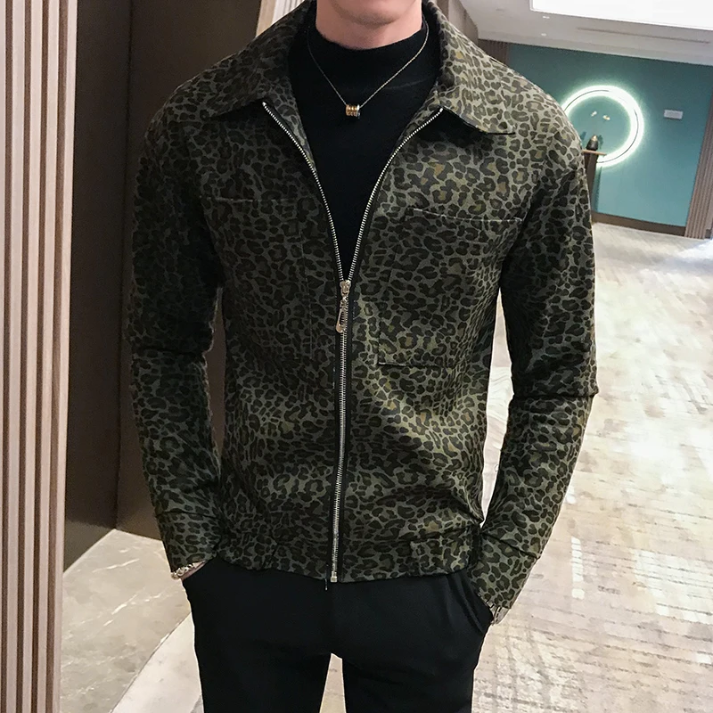 

New Korean Leopard Print Mens Jackets Zipper Turn-down Collar Clothing Hip Hop Windbreaker Casual Slim Coats Male Street Wear