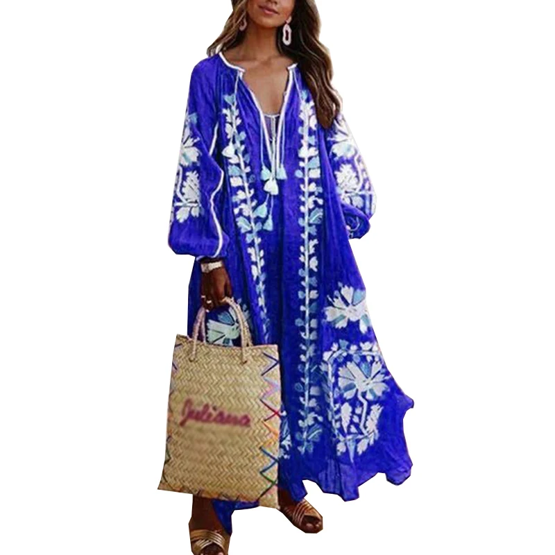 

1 PC Sundress Fashion Boho Tassel Polyester Loose Fit Maxi Flower Women Dress Long Sleeve V Neck Skirt Women Summer Skirt