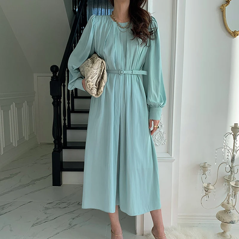 

Stylish Long Sleeve Women Midi Dress Elegant O-neck Full Sleeve Belted Slim Waist Solid Vestidos Femme 2021 Summer