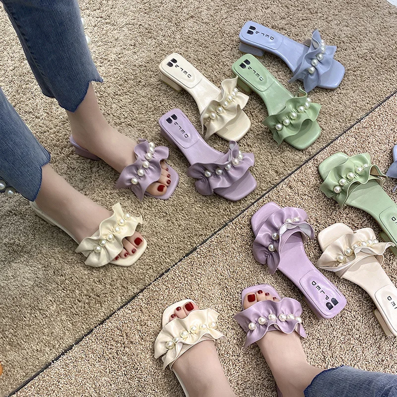 

Shoes Women Med String Bead Ladies' Slippers Luxury Slides Low Heeled Mules Square heel Pantofle Soft Designer High Block 2021