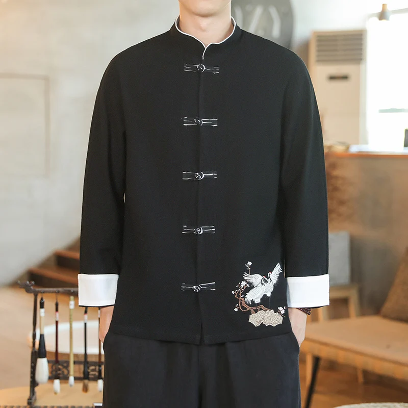 

M-5XL Plus Size Men Mandarin Collar Vintage Shirt Spring Autumn Streetwear Traditional Chinese Clothing For Men Crane Embroried