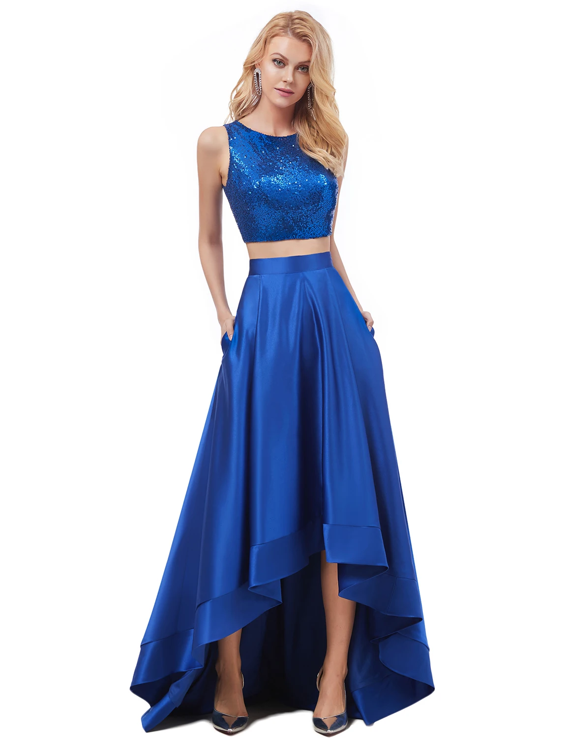 Vivian's Bridal Весенняя мода Sequin Crop Top вечернее платье, пикантное асимметричное платье с открытой спиной и высокой низкой атласной юбкой, платье для выпускного вечера