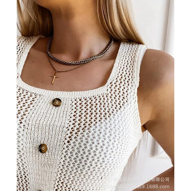 

Mandylandy Vest Summer Sleeveless Single-Breasted Square Collar Vest Top Women's Sexy Knitted See-through Hollow Out Vest