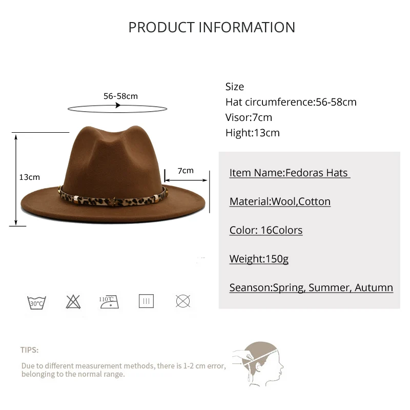 New Fashion Women Fedoras Hat Men Vintage Large Brim Jazz Hats Spring Khaki Leopard Decorative Belt Casual Hat F3