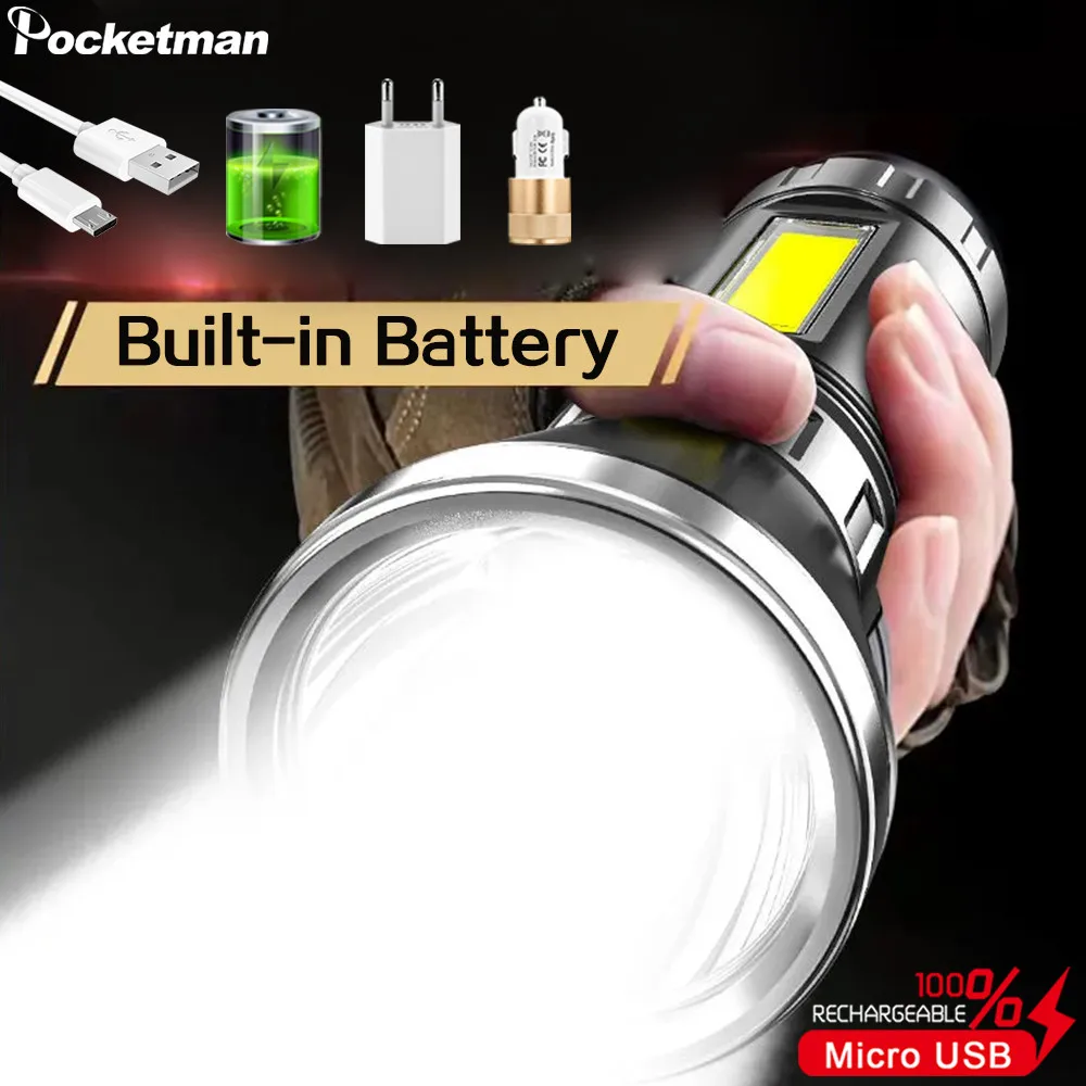 

Powerful Led COB flashlight USB Charging Torch Lantern Portable Flashlight Outdoor Camping Lamp Side Light With Battery