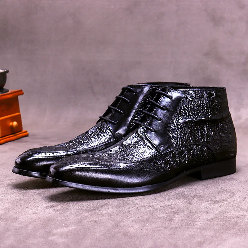 Мужские ботинки на плоской подошве черные до бедра с круглым носком из воловьей