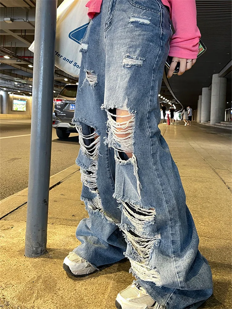 

Femme Jeans Women Spring Autumn New Ripped High Waist Loose Button Zipper Fashion High Street Trousers Female Pants ZM034