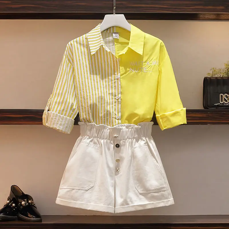 

Large size women's 2021 summer wear new thin age reducing shirt fat sister foreign style fashion shorts two piece suit