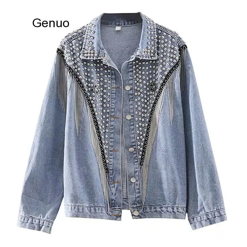 Весна Осень 2020 джинсовая куртка пальто для женщин с заклепками кисточками