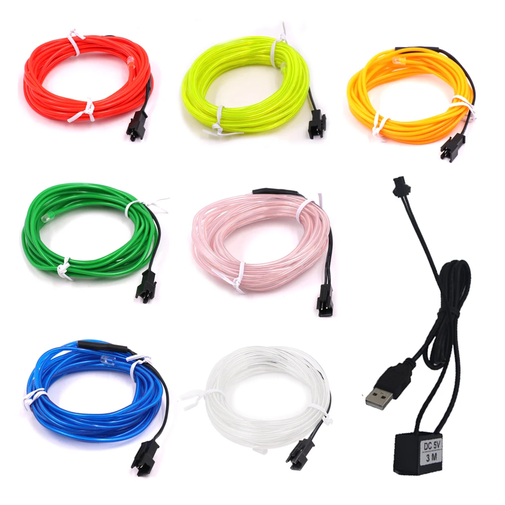 1 м 3M 5M 5V USB EL провода Гибкая светящаяся EL провода труба лента полоска светодиодный неоновый Сапоги с подсветкой Костюмы автомобиля Водонепроницаемый светодиодный полосы
