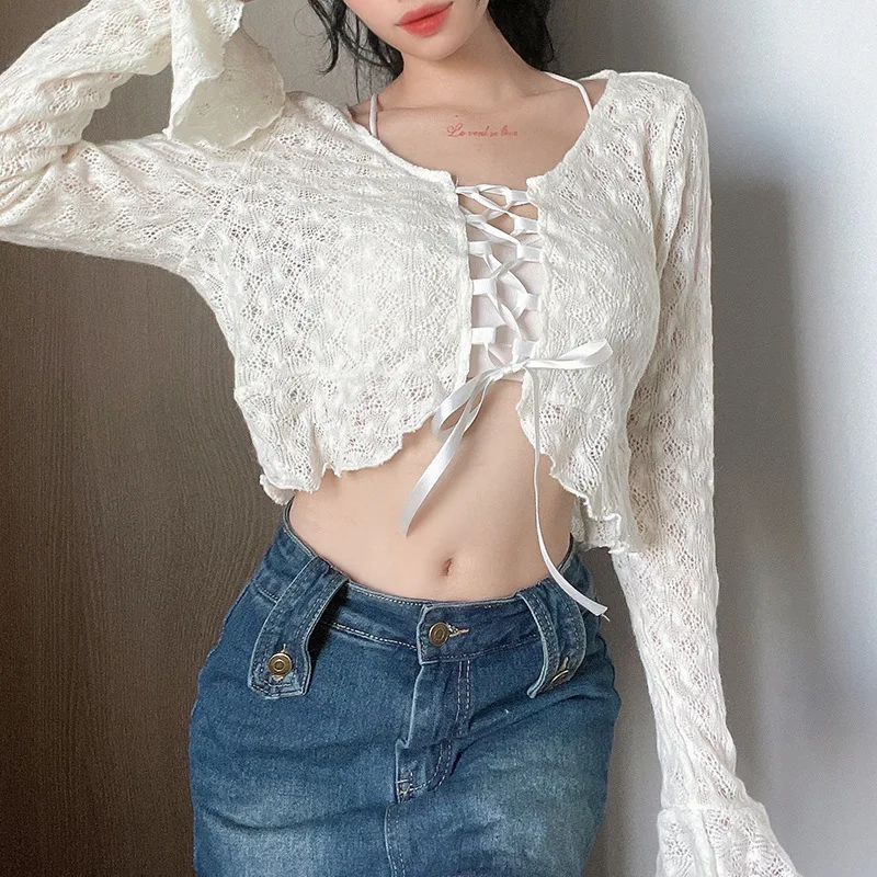 

ZTONE 2021 Bts Crop Top Women Vest Y2k Long Sleeve Autumn Cardigan Hollow Out Knitwear Lace Up Streetwear Women's Sweater