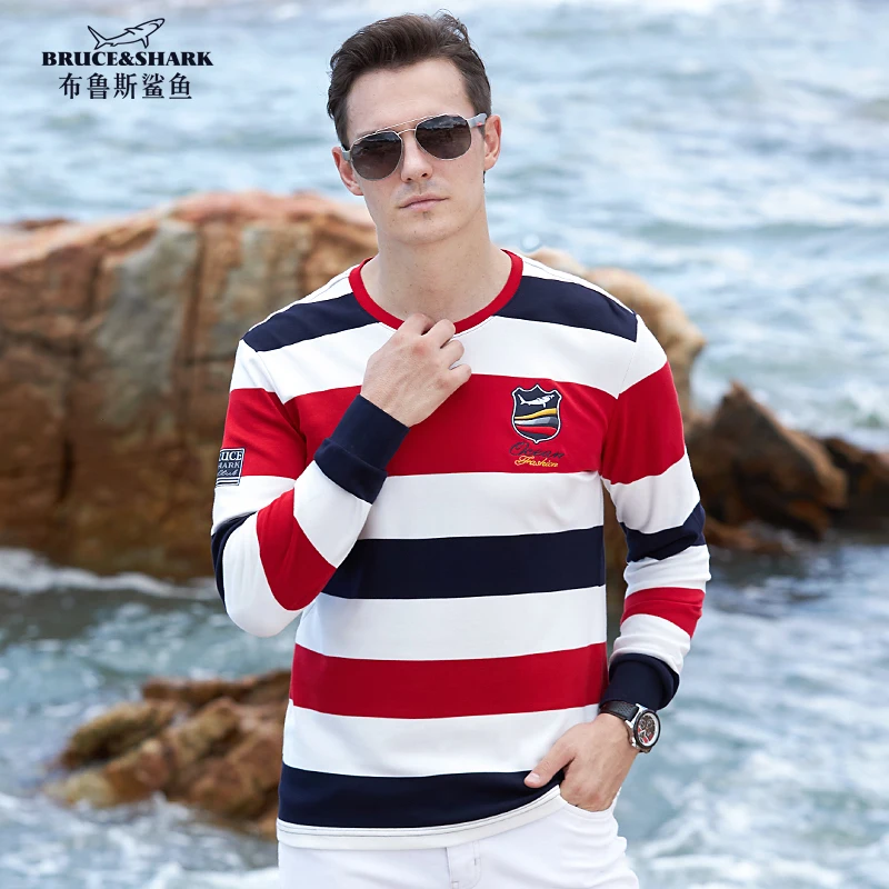 

Bruce&Shark Casual Fashion Loose Men T-Shirt Long Sleeves Striped Tees Super quality Heavy Thicken cotton big size 4XL