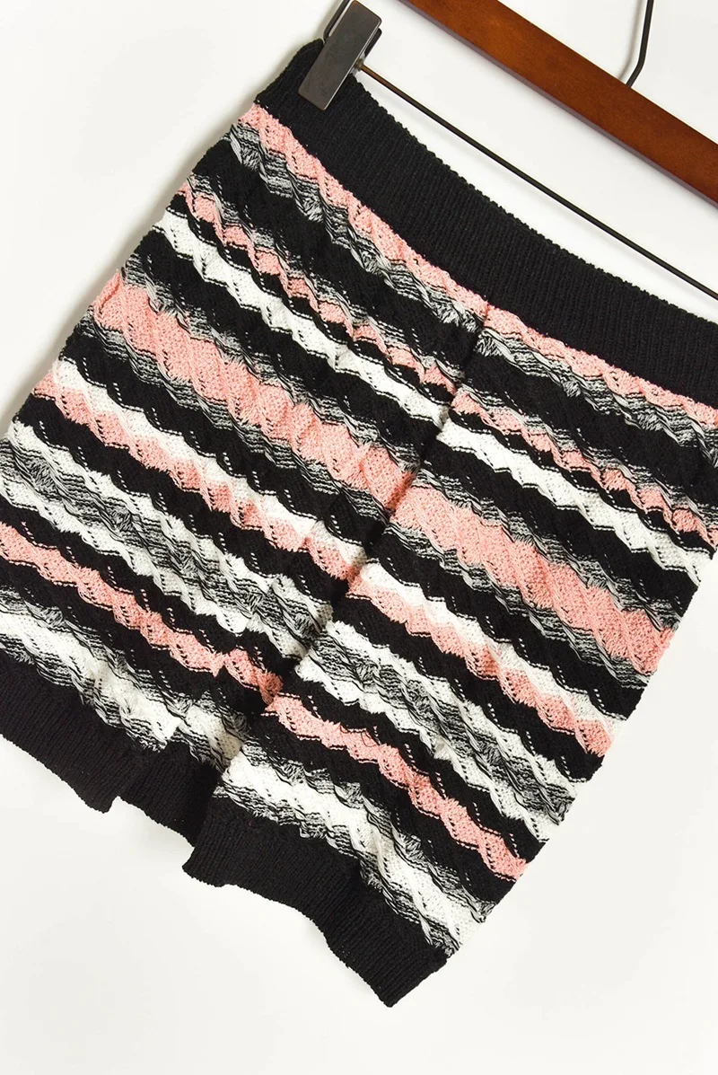 

2020 Spring Women Striped 2 Pieces Knitted Set Long Sleeve Sweater +Female Mini Short Skirt Runway Brand Vintage Casual Suits