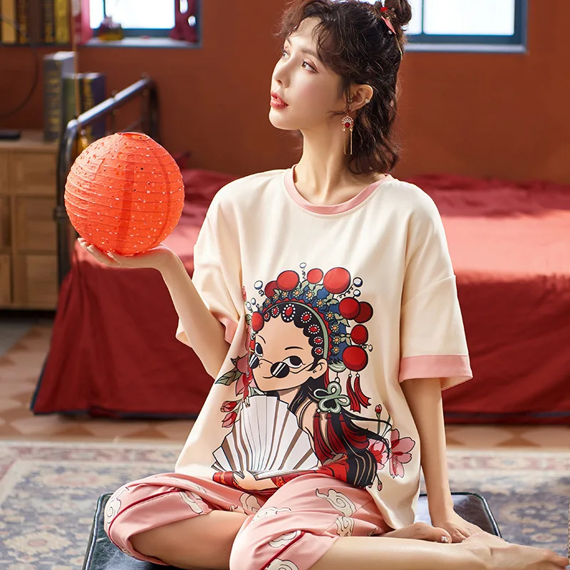 

2021 Summer pajamas women's cotton short-sleeved shorts student suit can be worn outside two-piece home service fruit pattern