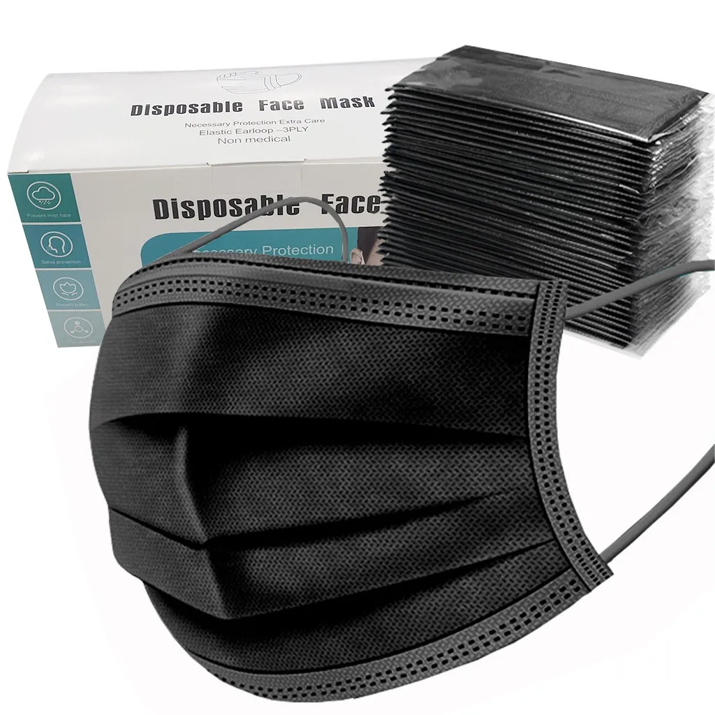 

A box of 50pc Black Disposable Mask Activated Carbon Mask Unisex Protection Fabric Mouth Mask Masque Mascarilla Cosplay Mask