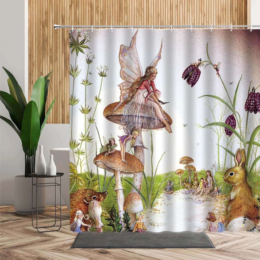 

Elves girl Shower Curtain Dream Forest Wing Mushroom Rabbit 3D Printing Bathroom Fabric Waterproof Bath Curtains Set With Hooks