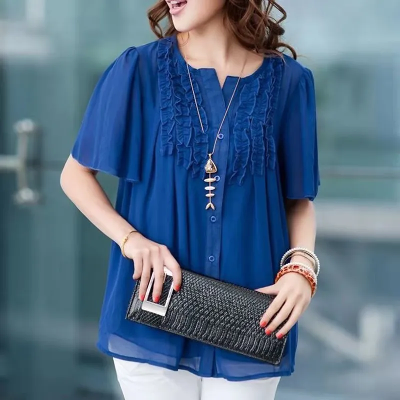 

2021 New Arrival Summer Women Loose Half Sleeve V-neck Blouse Single-breasted Ruffles Patchwork Chiffon Casual Shirts W219