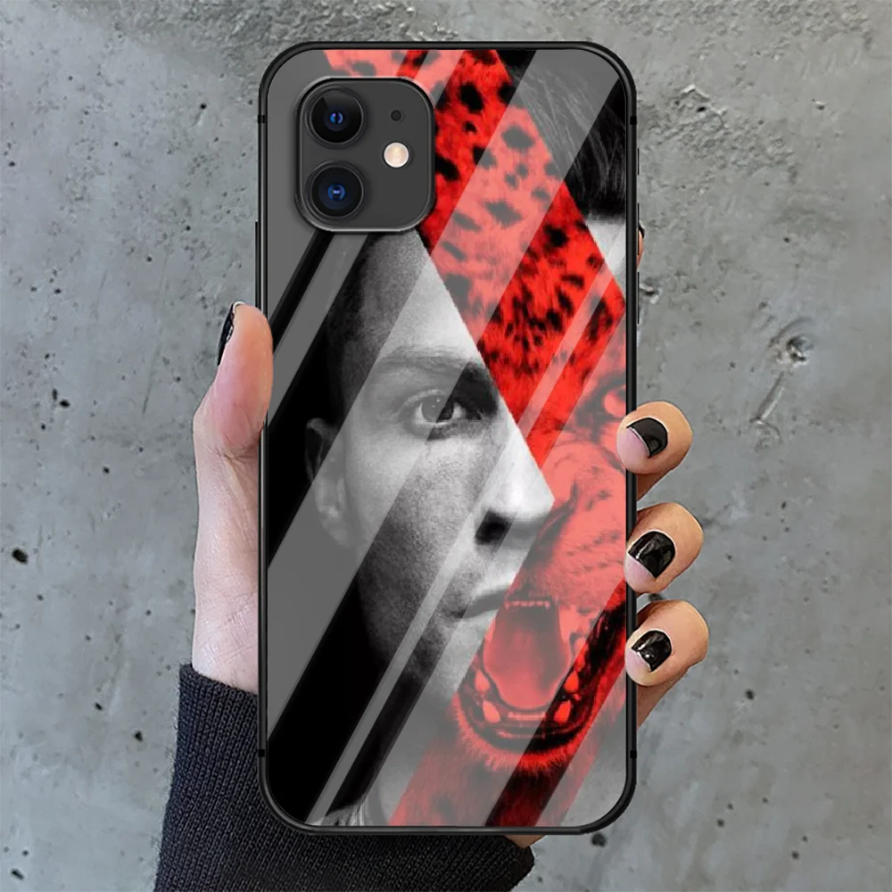 

Ronaldo CR7 Phone Tempered Glass Case Cover For IPhone 6 6S 7 8 11 12 X Xr Xs Se 2020 Pro Max Plus Mini Fashion Black Painting