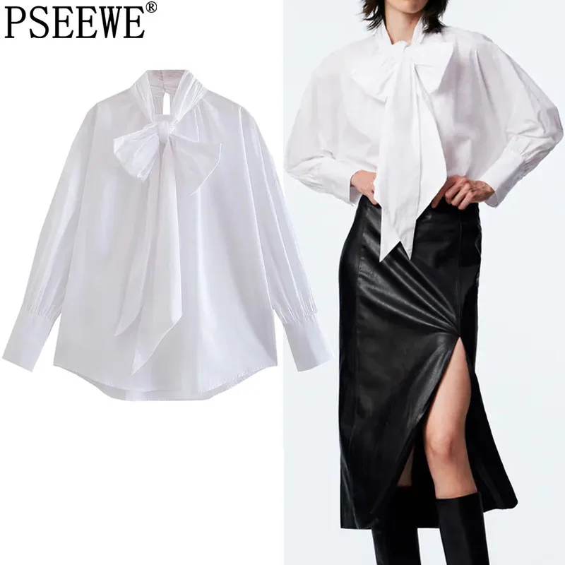 

PSEEWE Bow White Blouse Women Elegant Long Sleeve Top Female Autumn 2021 Korean Fashion Poplin Turtleneck Casual Baggy Shirt