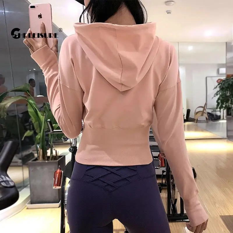 CHRLEISURE Фитнес Спорт Йога Топы Талия Формирование с капюшоном длинным рукавом