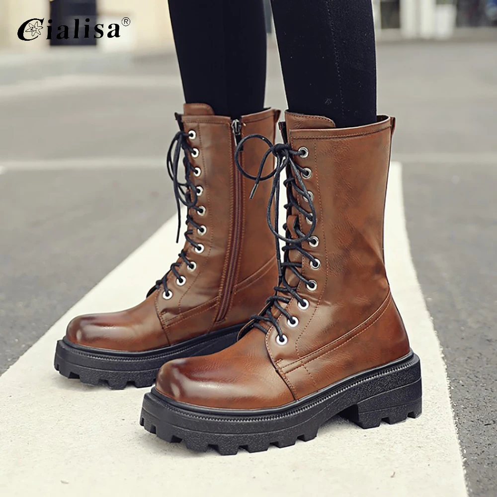 Jual CIALSIA Sepatu Wanita Round Toe Renda Tumit Tebal Boots 2020 Fashion Baru Desain Mid Tumit Zipper Pendek Plush Hangat Platform Boots