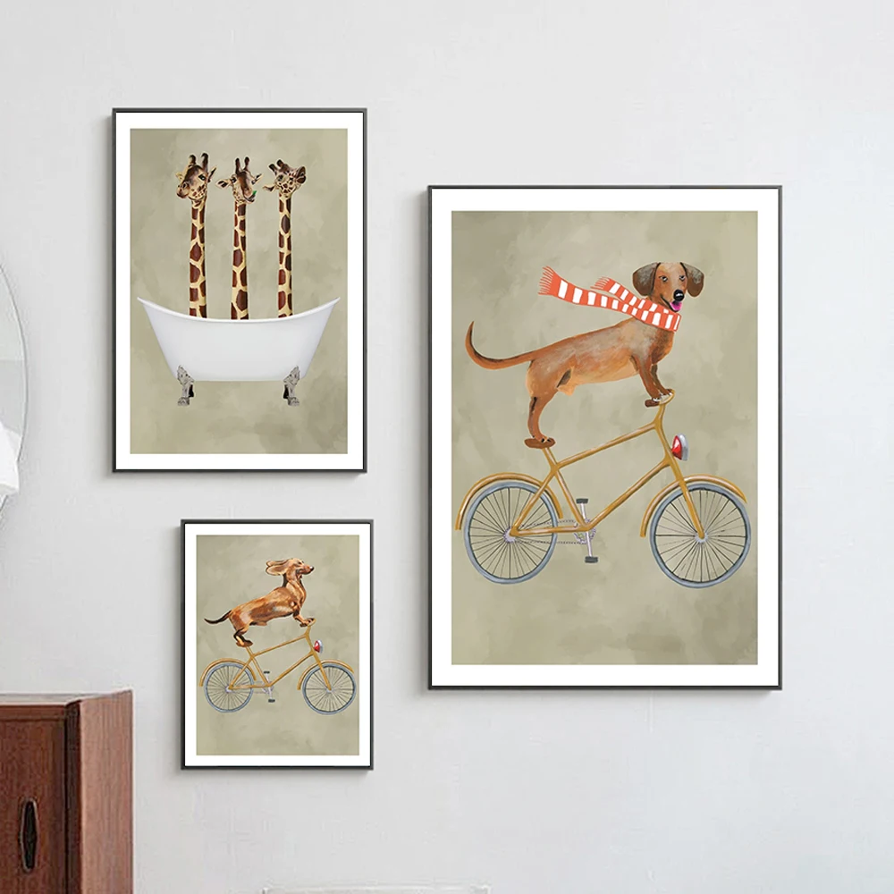 

Funny Giraffes Dog On Bicycle Nursery Animal Wall Art Canvas Painting Nordic Posters And Prints Wall Pictures Kids Room Decor