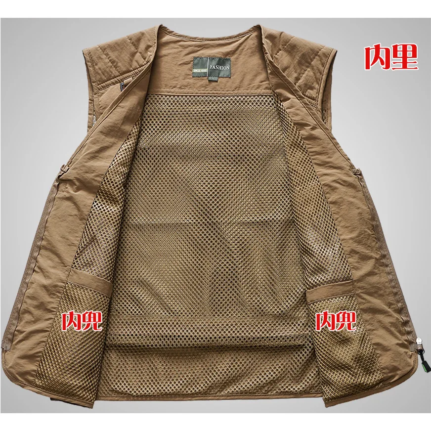 

2020 Men's Summer and Autumn Thin Multi-Pockets Vest V-neck Zipper Mesh Lining Vest