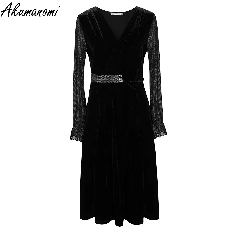 

Женское бархатное платье с поясом и V-образным вырезом, размеры до 5XL