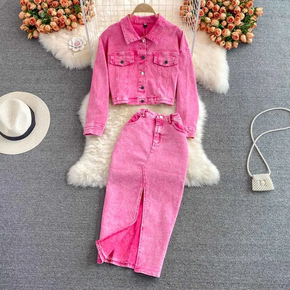 

Women 2-Piece Set Fashion Pink denim Short Coat Vintage Female Sexy Single Button Slit Midi Skirts Suit