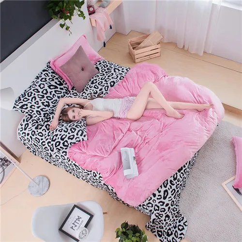 pink leopard Новинка, стиль «леопард», постельное белье из флиса, набор, Одноцветный фланелевый флисовый постельное белье 3/4 вещи в комплекте, зимние детские домашнее постельное белье теплая caroset кровать льняное покрывало - Цвет: pink leopard
