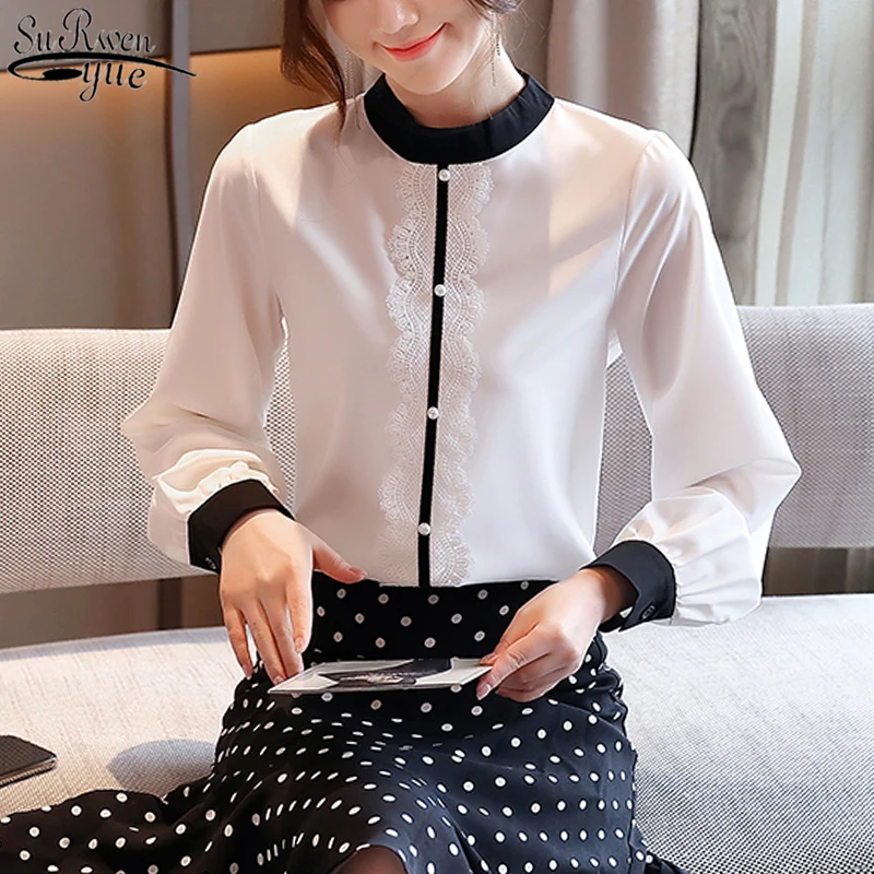 

2021 Autumn New Long Sleeve O-neck Contrast Tops and Blouse Fashion Lace White Chiffon Blouse Elegant Office Lady's Tops 10666