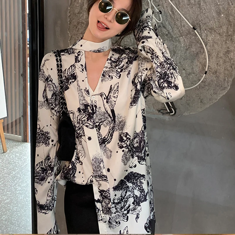 

Fashion Chic Hand-Painted Print Ribbon V-Neck Shirt Women 2021 Autumn Korean Style Elegant Temperament Long Sleeve Female Blouse