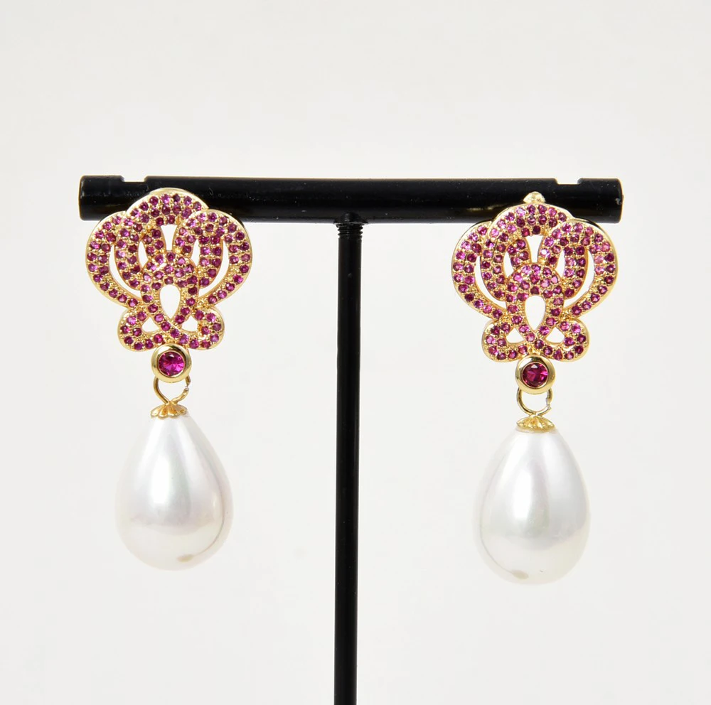 

teardrop white sea shell pearl, purple Cz pave Gold plated Stud Earring