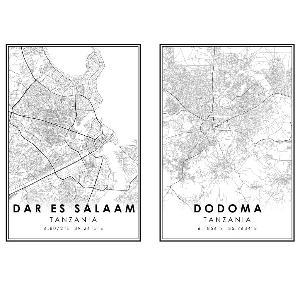Додома Дар-эс салаам Танзании карта печатный плакат холст настенное искусство -