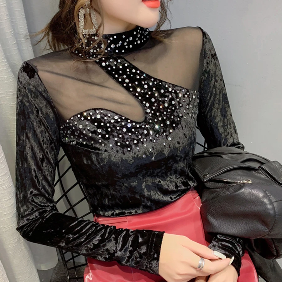 Осень зима 2019 новый дизайн Корейская рубашка с длинным рукавом и бриллиантами