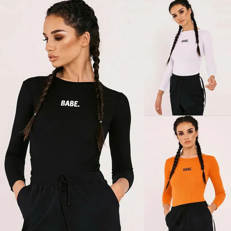

Fashion Sexy Women BABE Letter Long Sleeved Bodysuits Casual Skinny Bodysuits Autumn Winter O-neck One Piece Body Bodysuits
