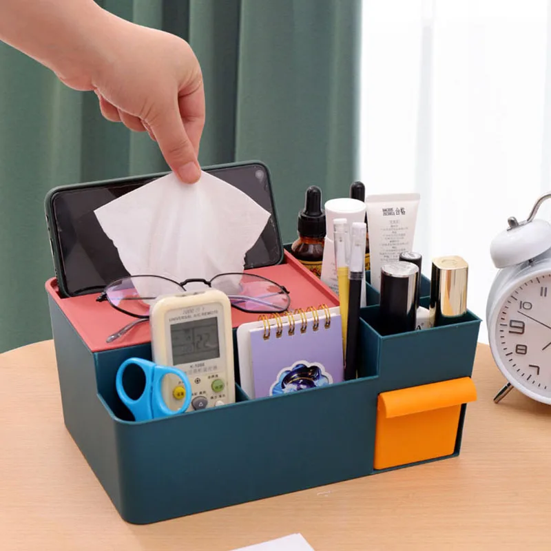 

Plastic Tissue Box Multi-function Remote Control Storage Box For Living Room Dust-proof Desktop Cosmetics Rack Home Organizer