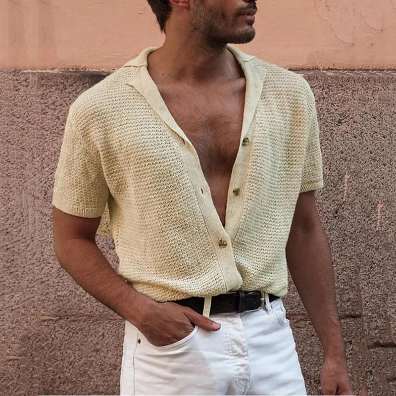 

Autumn Casual Solid Khaki Knit Sweater Mens 2021 Spring Turn-down Collar Button Tops Male Fashion Long Sleeve Loose Shirt Jumper