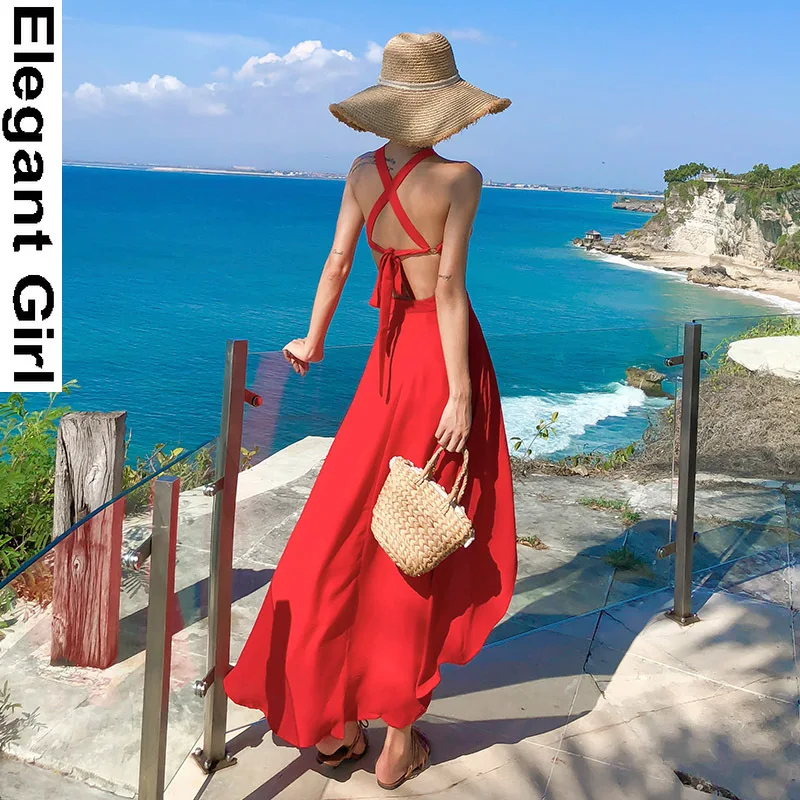 

2021 Long Red Backless Women Halter Dress Summer Runway Elegant Party Dress Maxi Korean Sexy Tropical Beach Vacation Sundress