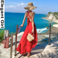 2021 long red backless women halter dress summer runway elegant party dress maxi korean sexy tropical beach vacation sundress