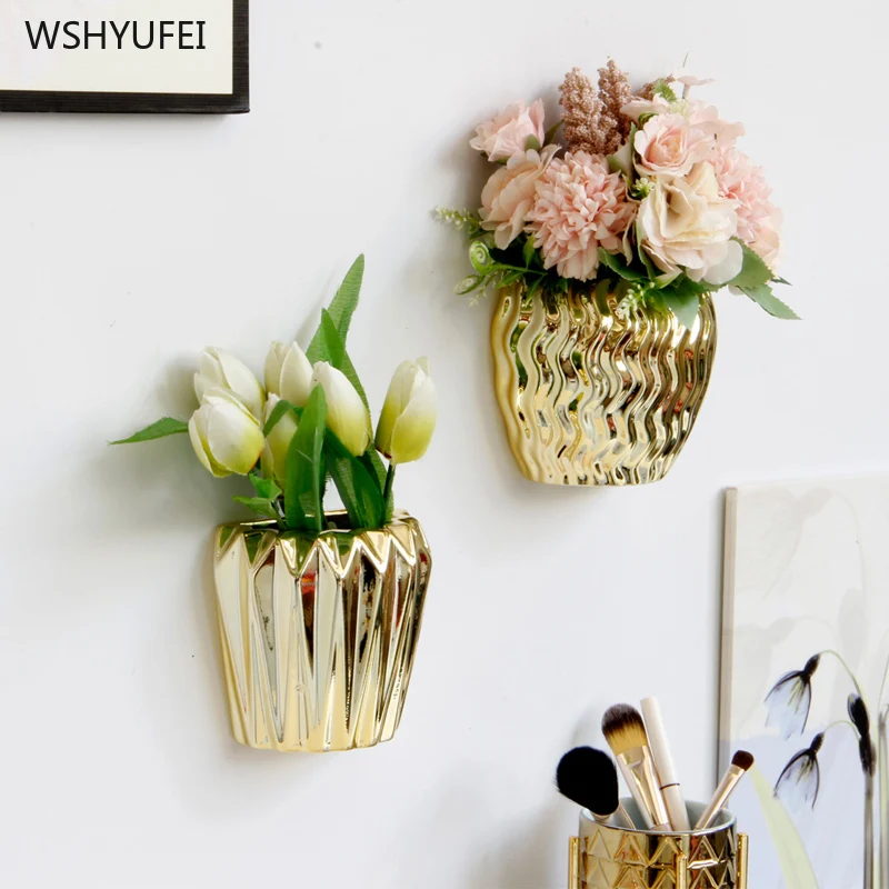 

Creative European gold wall hanging ceramic vase flower pot wall decoration fake flower pot wall mural decoration flower basket