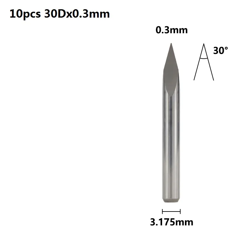 30Dx0.3mm 10 шт. 3,175 мм хвостовик 3 край гравирования печатных плат с алмазным напылением для 20 Вт, 30 Вт/40/45/60/90 градусов наконечник 0,1 0,2 0,3 мм пирамиды фрезерный станок с ЧПУ Бит 3D фрезерный станок - Длина режущей кромки: 30Dx0.3mm