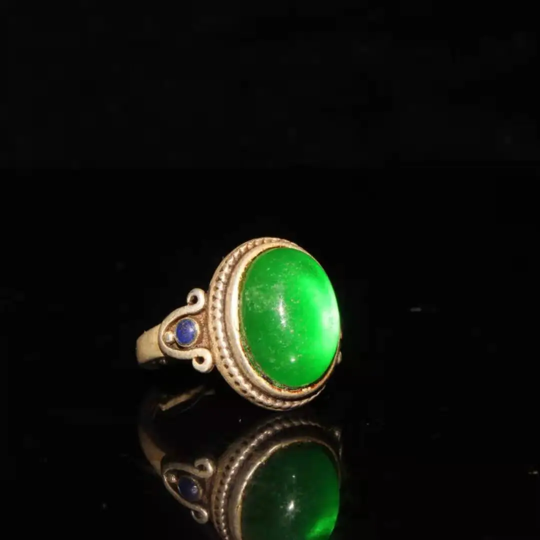 

Collection Chinese old Tibetan silver cloisonne inlaid greenstone jade ring