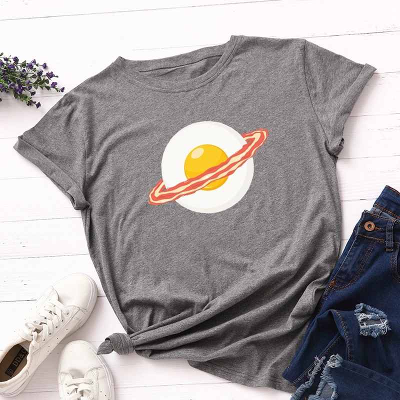

100% Cotton Women T-shirts Graphic Tees Female Shirts Summer Tops Poached Egg Bacon Planet Printed Funny T Shirt Women Clothes