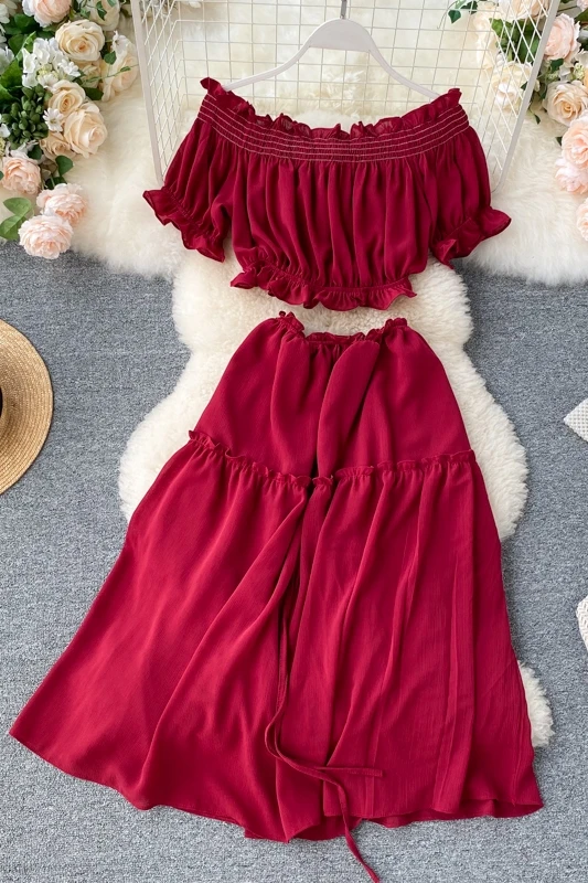 

Vacation Bohemian Beach Set 2020 Summer Women Elegant Ruffles Top+Skirt Two Piece Set